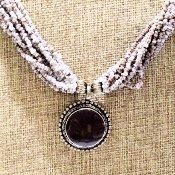 Lavender Seed Bead Multi Strand Necklace with Purple Enamel Pendant - Picture 1 of 5